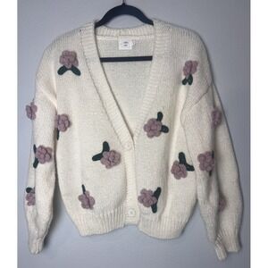 Luna Ivy Cardigan Sweater Women's S Open Front 3D Pink Flowers Roses Cottagecore